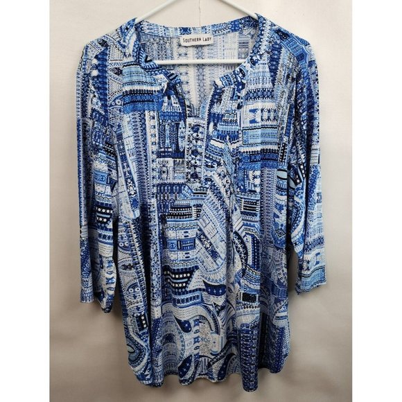 Southern Lady Tops Southern Lady Blue Printed Pintuck 34 Sleeve